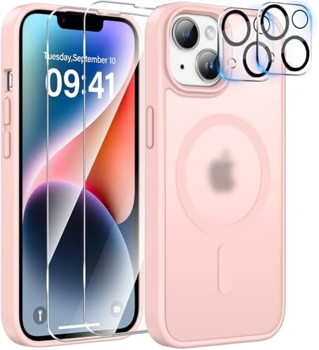 YisrLery Magnétique Coque pour iPhone 14 avec 2 Verres Trempés et 2 Caméra Protecteur, Compatible MagSafe Dos Anti Rayures Coque Antichoc TPU Bumper Coque iPhone 14 6,1’’- Rose