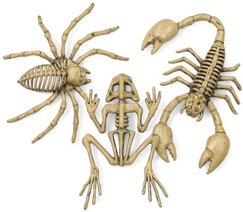 MIJOMA Halloween Tier Skelett Set 3-teilig – Spinne Skorpion Frosch – Gruselige Deko für Party Tisch Fenster Garten – Kunststoff Dekoration