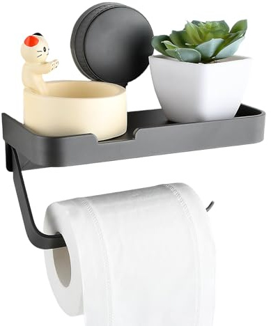 Toilet Roll Holder with Shelf, Self-Adhesive Suction Paper Towel Holder Wall Mounted, Rustproof & Multifunctional Bathroom Washroom Tissue Roll Holder, Storage Rack for Phones Wet Wipes (Grey)