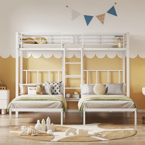 Cayipng Letto a castello per bambini per 3 posti con tavolo,letto castello bambini/adulti con 3 letti 90x200 cm,letto a soppalco salvaspazio in ferro con scaletta,ringhiera di sicurezza,EN747,Bianco