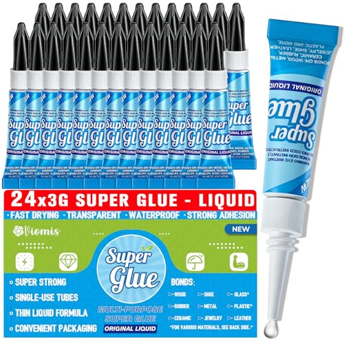 Viomis Super Glue, Clear Glue, 24 Pack 3 Gram Tubes | All Purpose and Fast Setting for Projects and Repairs
