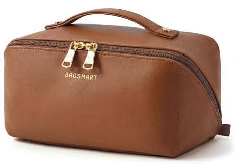 BAGSMART Large Travel Makeup Cosmetic Bag, Lay Flat, Clear Brush Pocket | PU Leather, Waterproof Make up Case, Women's Essentials, Holiday Gifts, Coffee