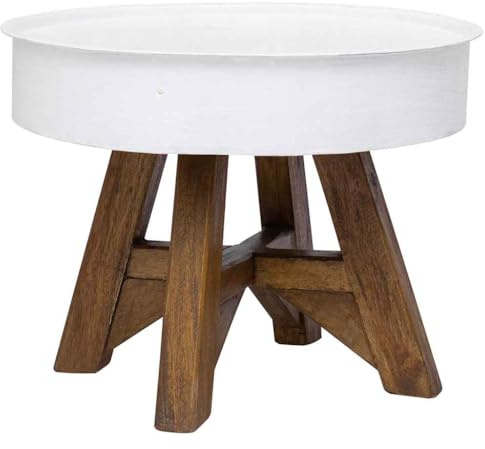 HFXHIJXQ Couchtisch 60 cm Weiß Recycled Altholz Beine & Stahl Ölfassplatte Industrial Vintage Kleiner Beistelltisch rund für Wohnzimmer Sofa Seite