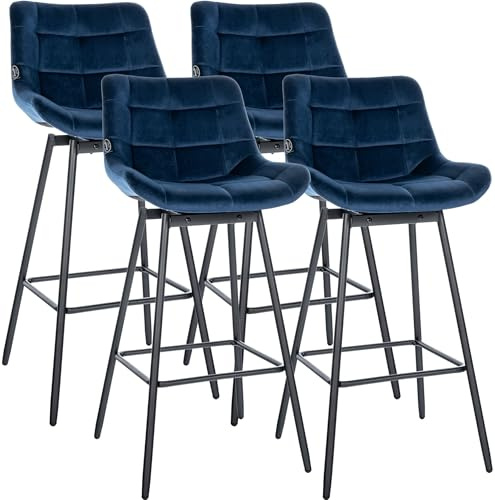 CLP Barhocker 4er Set mit Lehne Weston, Barstuhl drehbar 180° Schwenkfunktion, gepolsterter Sitz, stabiles Metallgestell, Farbe:blau, Material:Samt