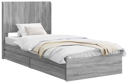 vidaXL Bettgestell mit Stauraum und Kopfteil Grau Sonoma 100 x 200 cm, Moderner Schlafzimmerstauraum-Bett, rechteckiger Rahmen, schickes Latten-Design, platzsparendes Möbelstück