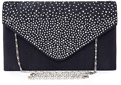 Kaever - Borse da donna in raso per tutte le stagioni, con cristalli e strass, per matrimoni, serate, feste formali, nero, 21 x 13 x 5 cm, Casuale