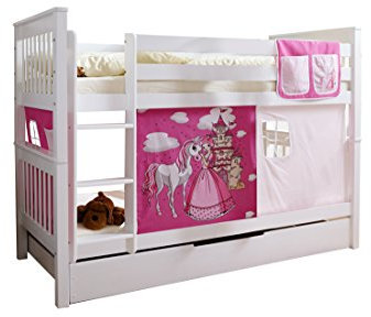 Etagenbett Doppelbett Stockbett Sammy teilbar Kiefer massiv Weiss, Vorhangstoff:Horse Pink