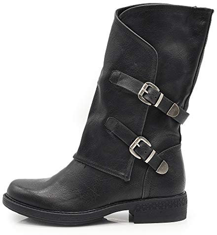 IF Fashion Scarpe da Donna Stivali Stivaletti Biker Fibbie Anfibi Polpaccio Largo G620 Nero 36