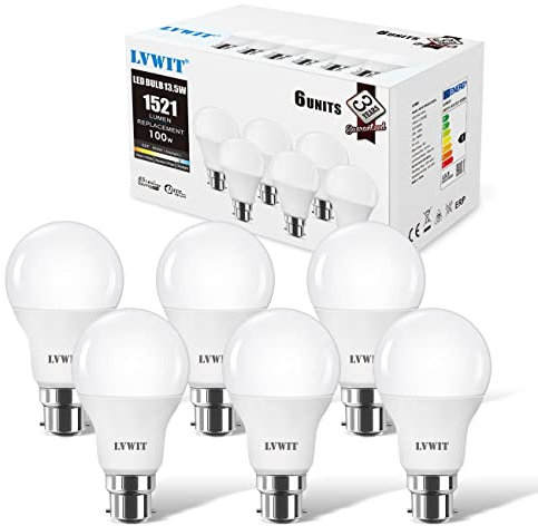 LVWIT Bombillas LED A60, Casquillo B22, 14W equivalente a 100W, 6500K Luz Blanca Fría, 1521 lm, Bajo consumo, No regulable - Pack de 6 Unidades.
