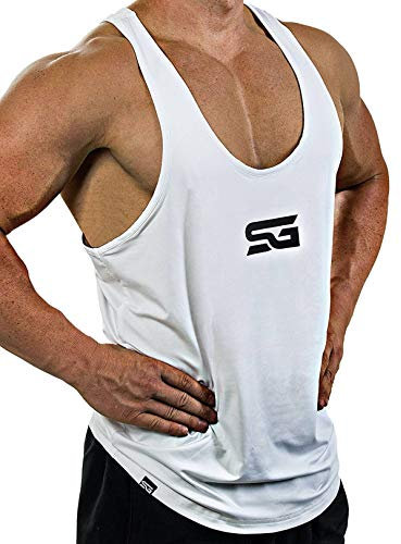 Satire Gym - Fitness Stringer - Schnell trocknende & Funktionelle Herren Sportbekleidung - Tanktop - Bodybuilding & Trainings Tank Top (weiß - schwarzer Print, XL)