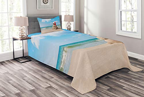 ABAKUHAUS Weihnachten Tagesdecke Set, Sandmann mit Nikolausmütze, Set mit Kissenbezügen Sommerdecke, für Einzelbetten 170 x 220 cm, Creme Blau