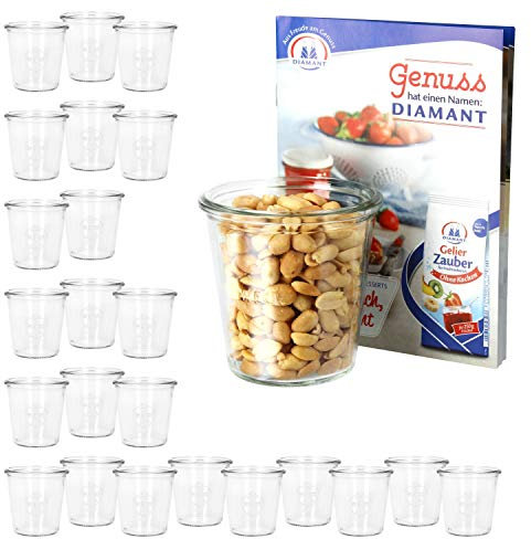 MamboCat 24er Set Weckgläser Sturzglas 290 ml I Original Weck Sturzgläser Dessertglas I Einweckgläser für Kuchen Gelees UVM I Einmachglas ohne Deckel inkl. Diamant-Zucker Gelierzauber Rezeptheft