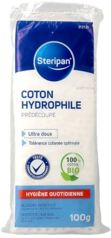 Steripan - Cotone idrofilo dermatologico pretagliato - Ultra morbido - Tolleranza ottimale - 100% cotone - Testato sotto controllo dermatologico - 100 g