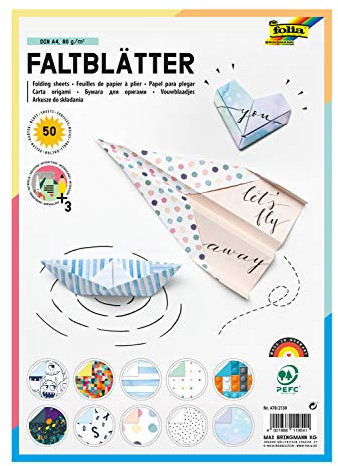 folia 470/2130 - Faltblätter mit Motivdruck, DIN A4, 80 g/qm, 50 Blatt, in 10 verschiedenen Motiven, inklusive Bastelanleitung