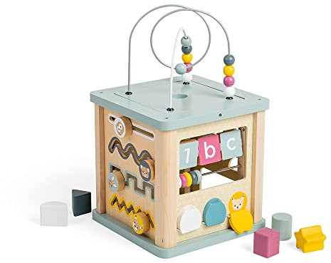 Bigjigs Toys Wooden Activity Cube - FSC® Certified Busy Centre with Shape Sorter & Bead Maze, Sustainable Sensory Toys for 1 Year Old, 22cm W x 23cm H