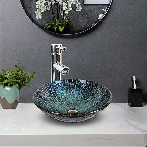 HomeLava Lavabo da Appoggio in Vetro Temperato Lavabo bagno HomeLava con anello di montaggio per rubinetto e piletta di scarico incernierata Gruppo lavabo tondo da appoggio 30 cm