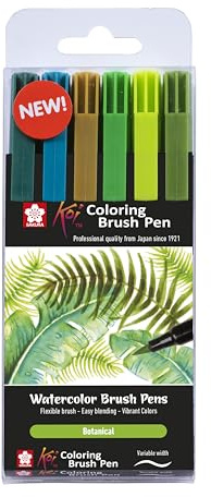 SAKURA Koi Colouring Pinselstifte Set - 6 botanische Farben - flexible Pinselspitze - Tinte auf Wasserbasis zum Mischen und für Aquarelleffekte