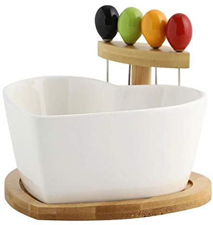 Cabilock Ceramic Fruit Bowl with 4 Fruit Forks, Large Salad Mixing Bowl, White Dessert Service Decorative Plate with Wooden Base for Snack Dish, Kitchen Candy