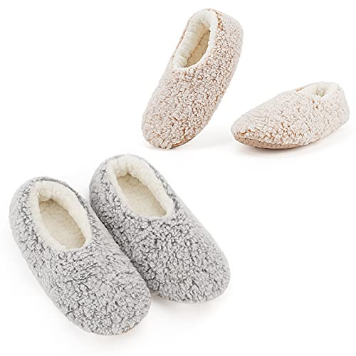 Cozylook 2-pair Women's Soft Sole Slipper Socks with Grippers, Thick Warm Cozy Sherpa Lined Home Socks Set, Cable Knitted Non-slip Fluffy Winter House Bedroom Slippers GRAY+TAUPE S 5-6