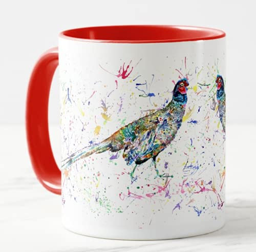 Vixar Pheasant Watercolour Rainbow Art Game Bird Coloured Mug Cup, Gift, Birthday, Work, Office, Christmas Tea Coffee (Red)