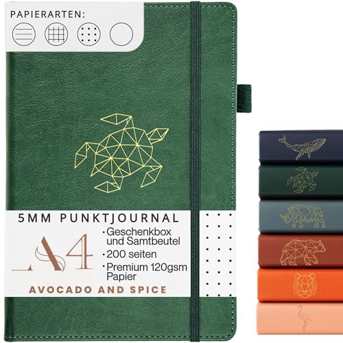 Avocado & Spice Bullet Journal Dotted A4 – Notizbuch gepunktet als Tagesplaner usw. – Notizbuch A4 Dotted mit Geschenkbox, Lesezeichen, Elastischem Band & Stifthalter, 200 Seiten (Grün, Dotted)