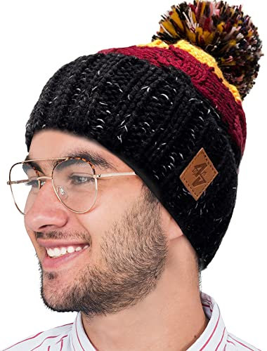 4sold warme Wintermütze für Damen und Herren mit Bommel, einfarbig, Skimütze, Wollmütze, kuscheliges Fleece-Innenfutter, Schwarzes Kastanienbraun, Einheitsgröße