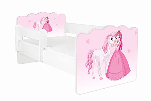 AS-TOR Kinderbett Jugendbett Alex 70x140cm mit Matratze und Abnehmbarem Geländer - Bett Schlafzimmer Kindermöbel Kinderbetten für Mädchen und Junge, Hochwertige Möbelplatte, Solide, Rosa Prinzessin