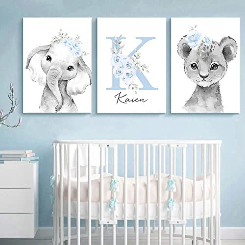 3 Leinwand Personalisiert Namen Baby Elefant Löwe Blumen Bilder Jungen Zimmer Poster Grau Blau Schlafzimmer Dekoration Kinder Geschenk 30 x 40 cm ohne Rahmen