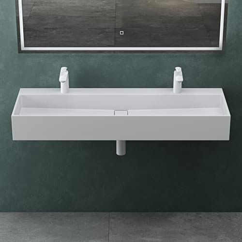 Mai & Mai Waschbecken Aufsatzwaschbecken Hängewaschbecken aus Mineralguss 120x40x12cm in matt Weiß mit 2 Armaturenlöcher Col6028