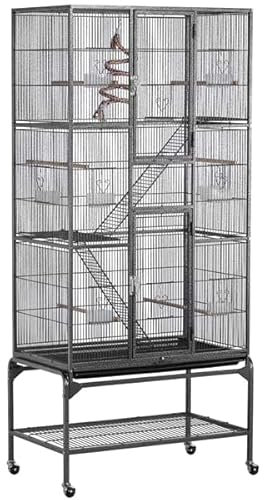 Abician Grande Cage à Oiseaux à 3 Niveaux avec 2 échelles en métal Volière Extérieur avec Pied sur Roulette 81 x 46,5 x 175,5 cm Noir