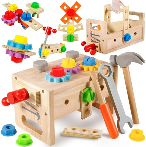 FAMKEEP Caisse a Outil Enfant en Bois,DIY Jouet Boite a Outils Enfant,Jeux Montessori Enfants,Anniversaire Pâques Halloween Noël Cadeau pour Caisse à Enfants