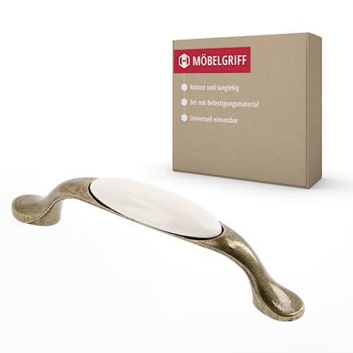 Gedotec Möbelgriff aus Porzellan und Metall | 1 Stück | Griffe für Küchenschränke inkl. Befestigungsmaterial | OLGA | Möbelgriffe Messing antik weiß mit BA 96 mm | Türgriffe