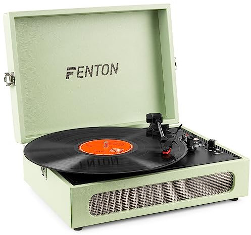 Fenton RP118c Tocadiscos Maleta - Tocadiscos Vintage 3 velocidades Maletin Giradiscos Vinilo con Altavoz Estereo, Salida USB/Auriculares Jack/Conversor MP3 / Tocadiscos de Vinilo Bluetooth. Verde