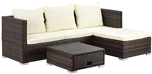 Outsunny 3 Pieces Rattan Garden Furniture Sofa Set, 4 Seater Garden Corner Sofa with 5-Level Reclining Sun Lounger and Storage Coffee Table, Outdoor Furniture Conservatory Set with Cushions, Brown