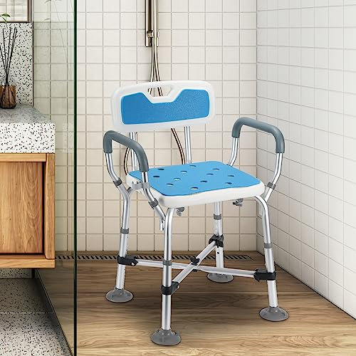 Vigevee Tabouret de Douche Réglable en Hauteur 38-54 cm Avec Dossier, Accoudoirs, Siège Antidérapant, Aide Avec Double Barre Transversale Renforcée et Coussin