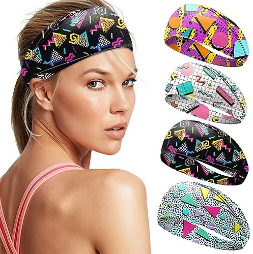 4 Stück Haarband mädchen breit,Stirnband, Kopftuch, Sport Stirnband, Stirnband Damen dünn,Retro Bandana ,hasrband, 90er-Jahre-Haar-Accessoires, 80er-Jahre-Party-Outfits, Memphis