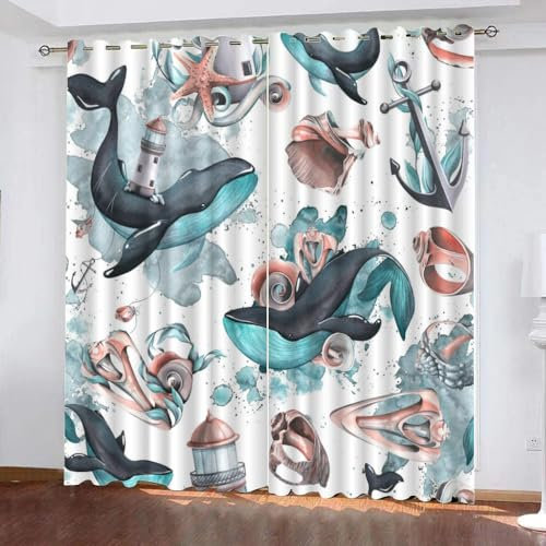 GIOVIA 3D Seestern Vorhänge Abdunkelnde Wal Anker Kindervorhänge Vorhang mit ösen 2er Set Gardinen Blickdicht Verdunkelungs für Kinderzimmer Schlafzimmer Wohnzimmer B 110 X H 95 cm