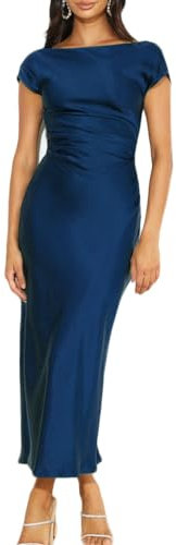Satin-Kleid mit Flügelärmeln und gerafftem Rücken, Sommerkleid für Damen, elegantes Midikleid mit geraffter Taille für Hochzeitsgäste, Marineblau, X-Groß