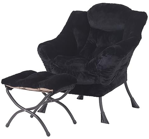 YOTATING Bequemer Sessel mit Fußhocker, Lazy Chair mit Ottomane, Freizeit-Akzentstuhl, Relax-Lounge-Sessel mit Armlehnen & Seitentasche für Wohnzimmer, Schlafzimmer & kleine Räume, Plüsch Schwarz
