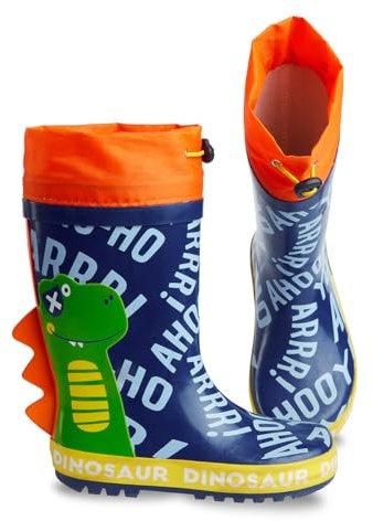 Denokids Boys Rain Boots, Dinosaur Boots with 3D Spikes, Comfortable Fur Boys Boots, Adjustable Ankle Rope for Water Leakage Prevention, Wipe Clean, Navy Blue | 28 Number