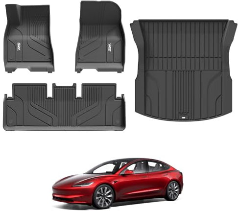 3W Fußmatten und Kofferraummatten für Tesla Model 3 Highland 2024-2025, TPE Allwetter Maßgeschneiderte Fussmatte 1-2 Reihen und Kofferraum Matte Komplettset Tesla Model 3 Highland Autofußmatten