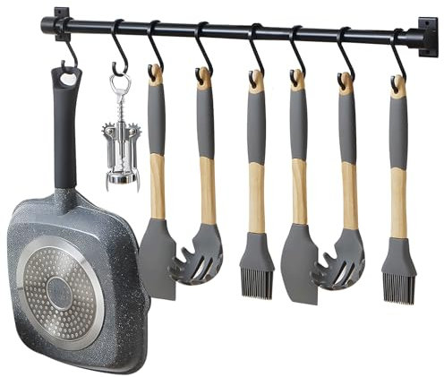 Black Aluminum Utensils Holder,Rack Wall Mounted,Kitchen Rail Pan Hanger with S Hooks for Hanging Kitchen Utensil,Bathroom Gadget Drilling or Self-Adhesive Installation Options (60cm)