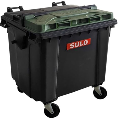 SULO Mini contenedor de basura de 1100 L, réplica | cubo de basura pequeño | escritorio soporte para bolígrafo | gris con tapa verde | coleccionable | 18 x 18 x 15 cm