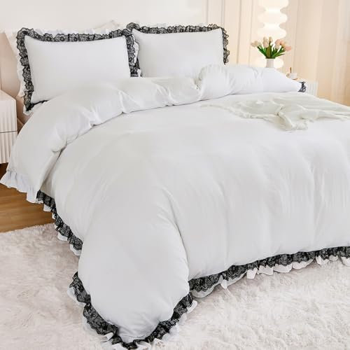 White Ruffle Duvet Cover Sets 3 Pieces Lace Bedding Set with 2 Pillowcases King Soft Breathable Microfiber Duvet Cover 220 x 230 cm