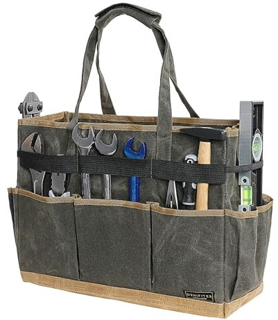 Canvas Large Tool Bag - A Large Main Pocket and 6 Outside Pockets - Durable 16oz Waxed Canvas Tool Case with Handle - 15.5 X 5.9 X 11.5 inch | ArmyGreen