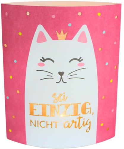 Dekohelden24 Poesielicht - Nachtlicht - Stimmungslicht - Dekolicht in pink, mit Timer, Batteriebetrieben, Motiv: Katze, Sei einzig, nicht artig - L/B/H 13 x 5 x 16 cm.