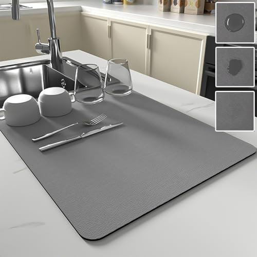 Mezzar Alfombrilla Escurreplatos, 60 x 30 cm Estera Fregadero Secado Rápido, Esterilla de Secado para Cafetera, escurridor de Platos sobre el Fregadero (Gris Claro)