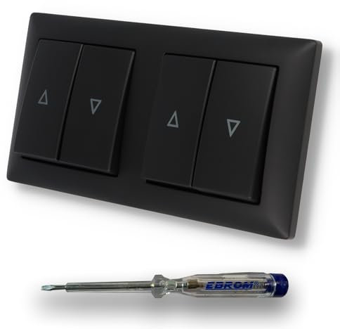 EBROM SET IDEE: BUSCH JÄGER 2 x Jalousietaster, Rolladentaster Jalousie Taster 2020/4US Federmechanismus + BBblack Wippe mit Pfeil AUF/AB Aufdruck + Rahmen in Schwarz MATT + EBROM Phasenprüfer