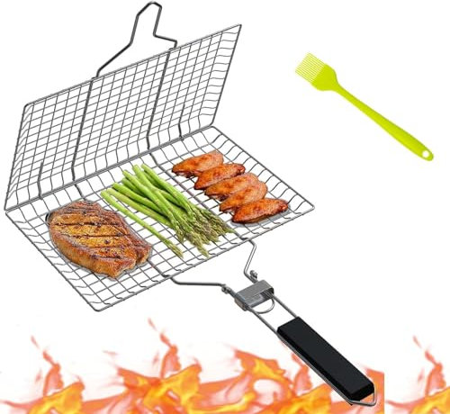 Fish Grilling Basket, Folding BBQ Fish Grill Holder, Portable 430 Stainless Steel Grill Basket with Removable Handle for Grilling Vegetable Kabob Fish Steak Shrimp, Come with Storage Bag