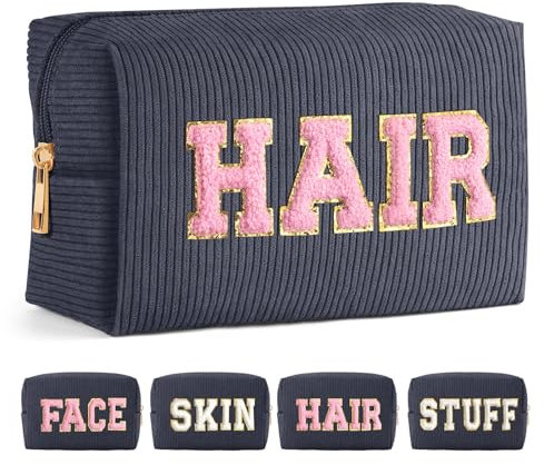 MAGEFY Chenille Letter Kleine Kosmetiktasche Make up Tasche für Handtasche Cord Make up Tasche mit Fächern Reise Make up Tasche für Mädchen Frauen, Schwarz-Hair